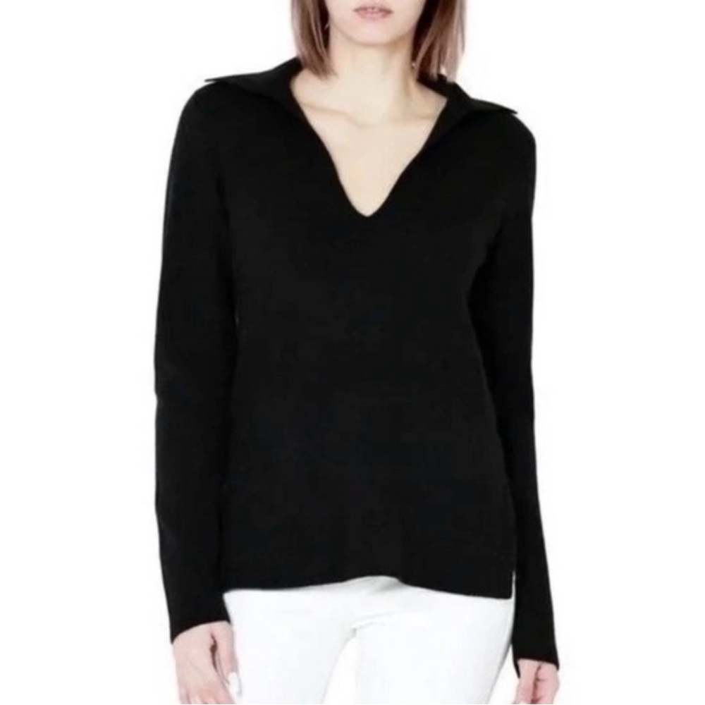 Vince XS Black Wool Cashmere V-Neck Collared Sweater | Classic Minimal Knit